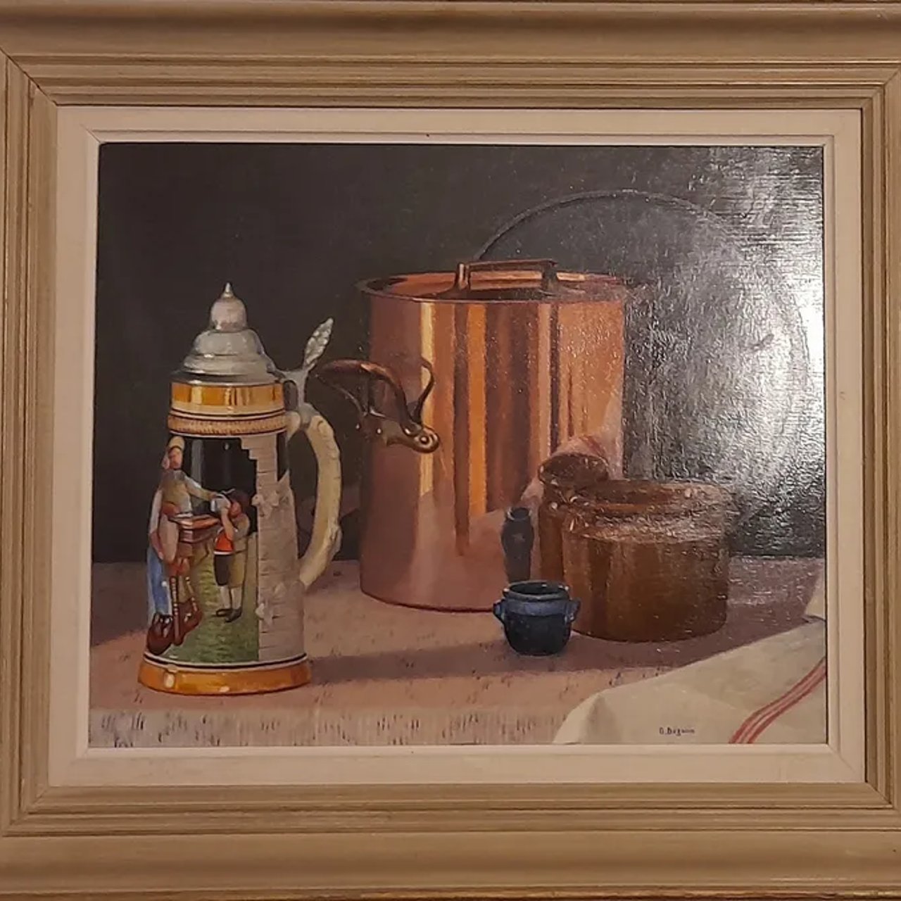 Nature morte signée G Bégouin ,huile sur bois très lumineuse , idéale cuisine rétro